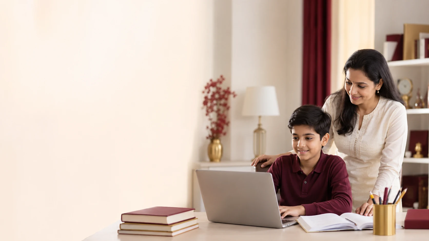 Student preparing for ISTSE online scholarship olympiad from home with parent support