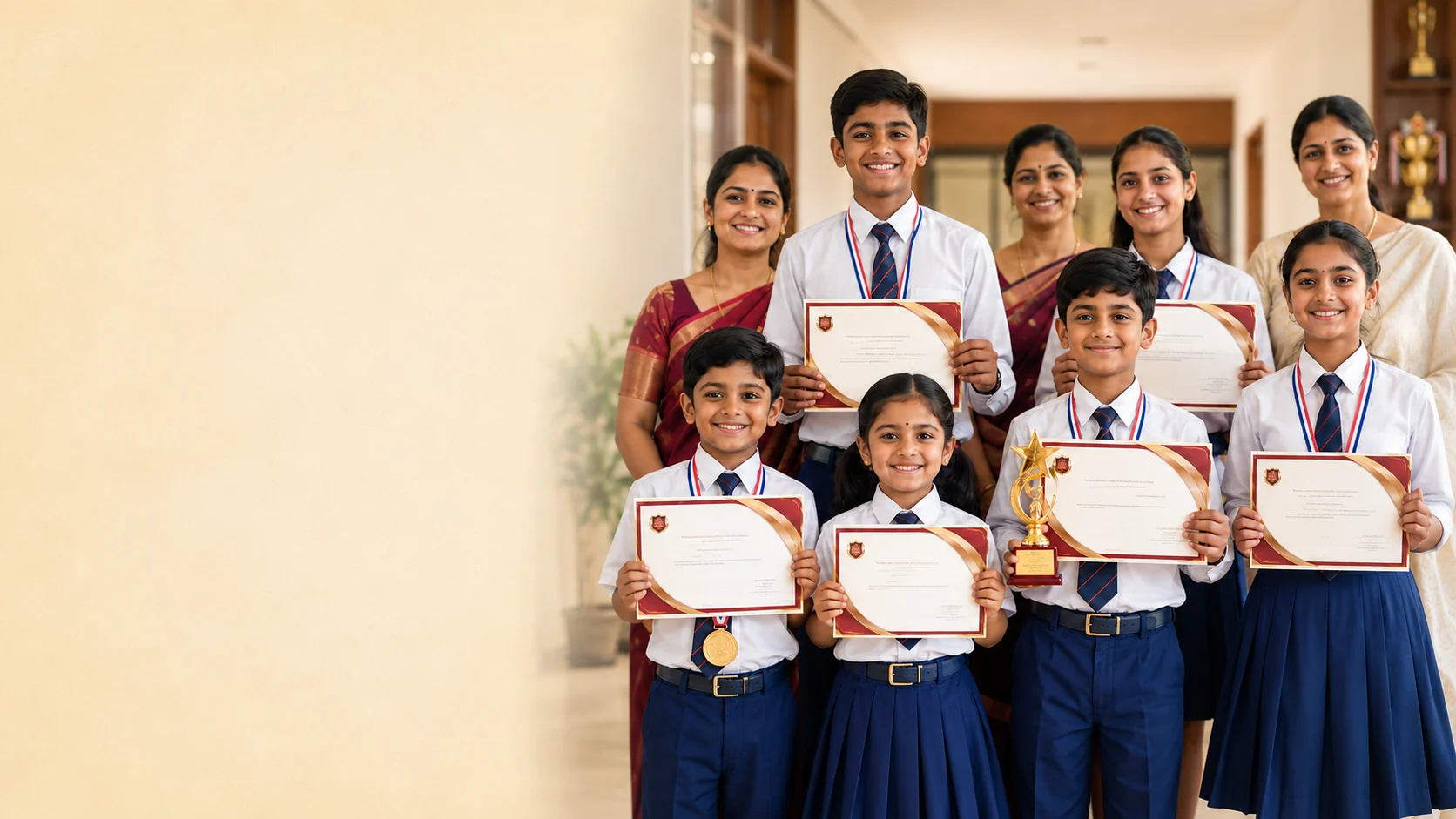 ISTSE toppers, students and teachers holding certificates and awards